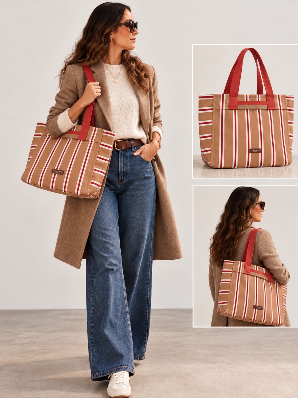 NWT Cole Haan York Canvas Tote Fig Stripe Travel Work Bag